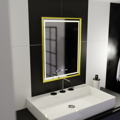 Obdélníkový LED zrcadlo 50x70cm Verite Royale Gold Motion Glow Marcello Dimable Clock Dezoring System