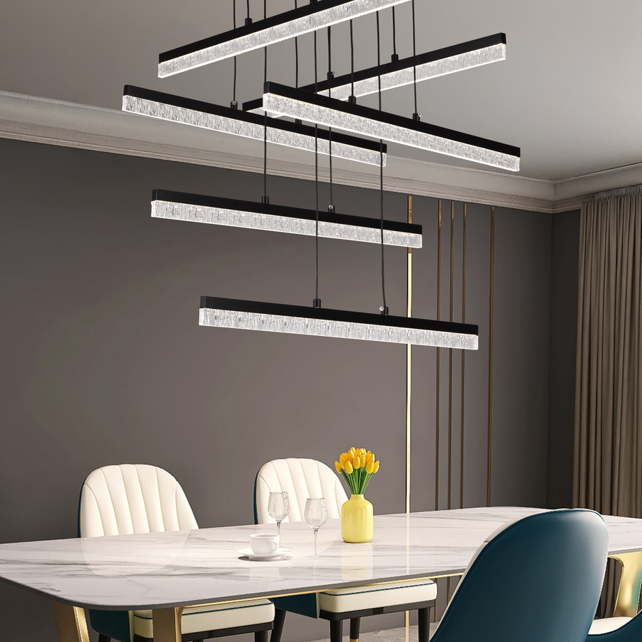 Závěsný křišťálový LED lustr LT181/6BK, 84W, světlo 3000/4000/6000K, černý, nastavitelná výška