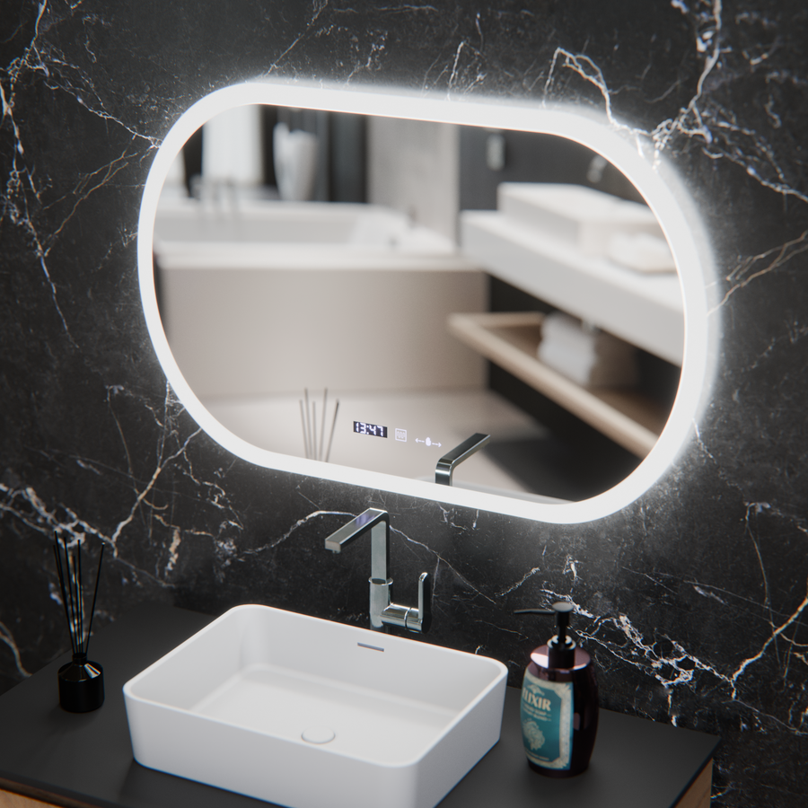 Oválné LED zrcadlo, 80x50cm, Altera Marcello MotionGlow Sensor, Demister System, Hodiny & Teploměr, Stmívatelné