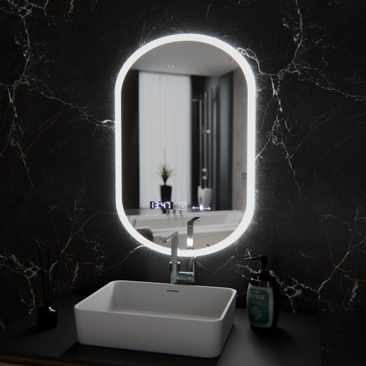 Oválné LED zrcadlo, 50x80cm, Lucia Sensor Marcello, Demister System, Hodiny & Teploměr, Stmívatelné