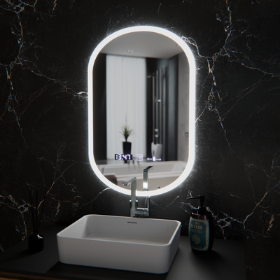Oválné LED zrcadlo, 50x80cm, Lucia Sensor Marcello, Demister System, Hodiny & Teploměr, Stmívatelné