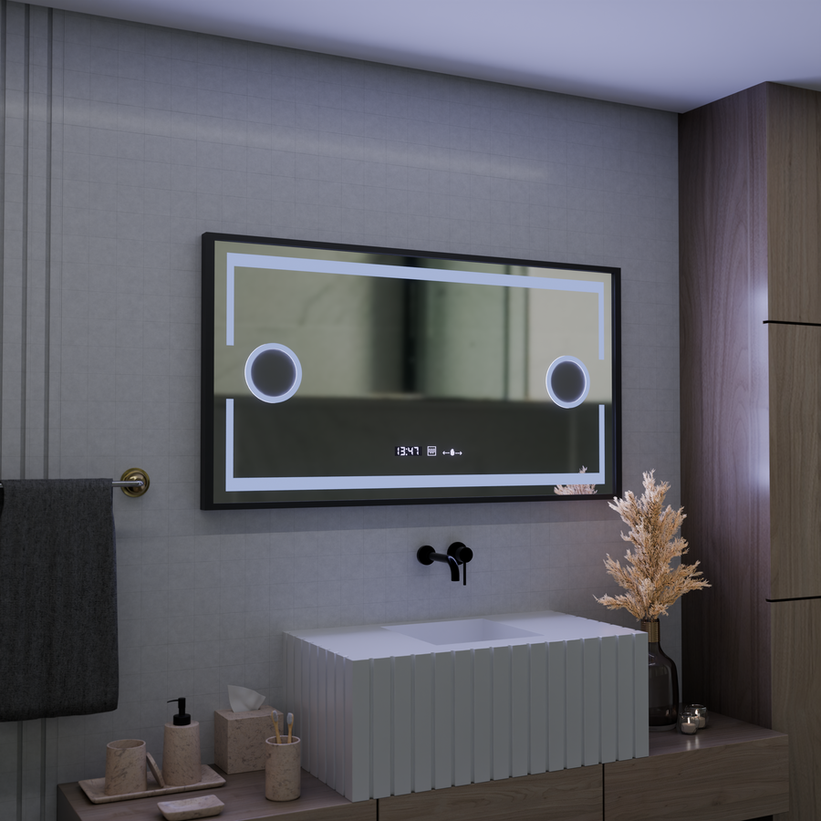 LED zrcadlový pohyb Motionglow Sensor Domingo s rozmrazovací funkcí 120x65 cm studené/teplé/teplé světlo, černý kartáčovaný rám, Marcello Funghi Collection