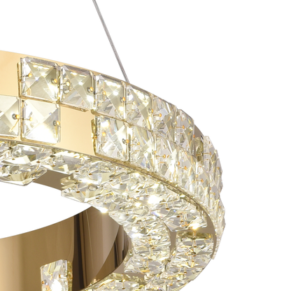 LED lustr s dálkovým ovládáním, LLC135/2GD, křišťál a kov, 55W, 2 kruhy, stmívatelné, výškově nastavitelné, studené/teplé/neutrální světlo 3000K/4000K/6000K, luxusní osvětlení