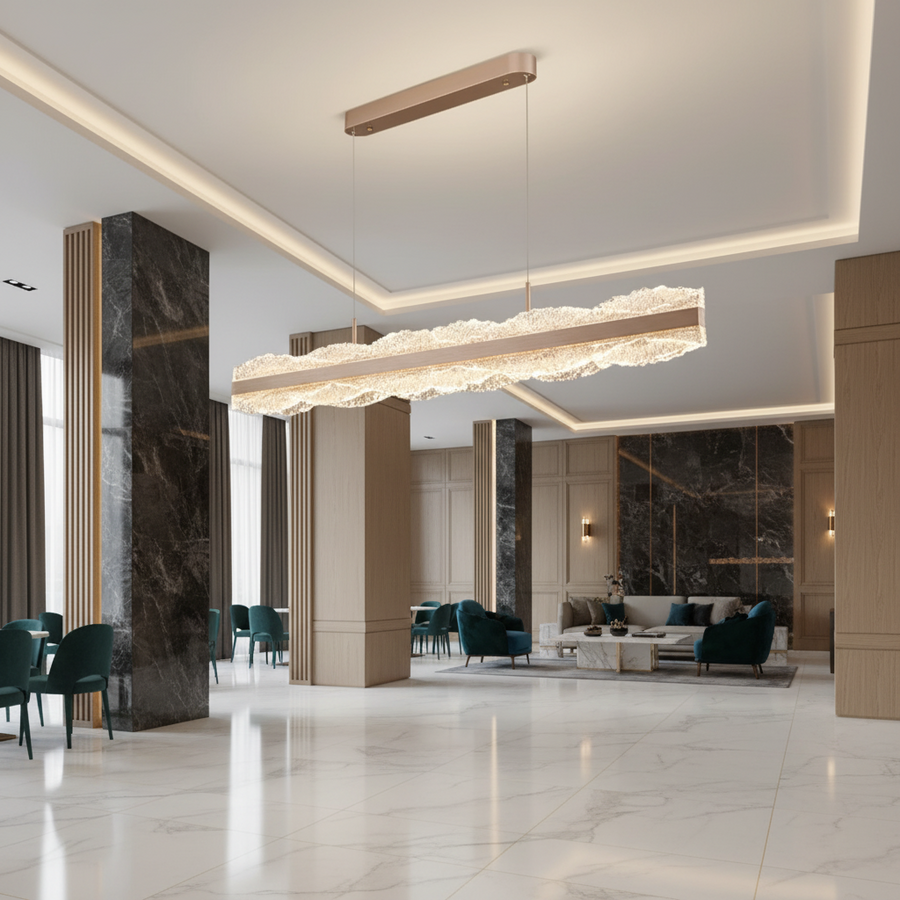 Závěsný LED lustr s dálkovým ovládáním NIVALIS 55W, délka 120cm, studené/teplé/neutrální světlo, stmívatelný, výškově nastavitelný, zlatý