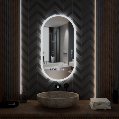Oválné LED zrcadlo, 50x100cm, Lucia Sensor Marcello, Demister System, Hodiny & Teploměr, Stmívatelné