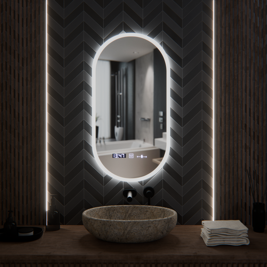 Oválné LED zrcadlo, 50x100cm, Lucia Sensor Marcello, Demister System, Hodiny & Teploměr, Stmívatelné