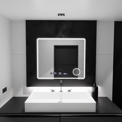 Zrcadlo LED obdélníkový 90x75cm Eco riflesso Puro Motionglow Marcello demontážní hodiny a vlčí teploměr