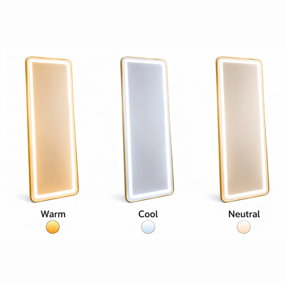 Obdélníkové LED zrcadlo, zlatý rám, 50x160 cm, stmívatelné, studené/teplé/neutrální světlo, župan