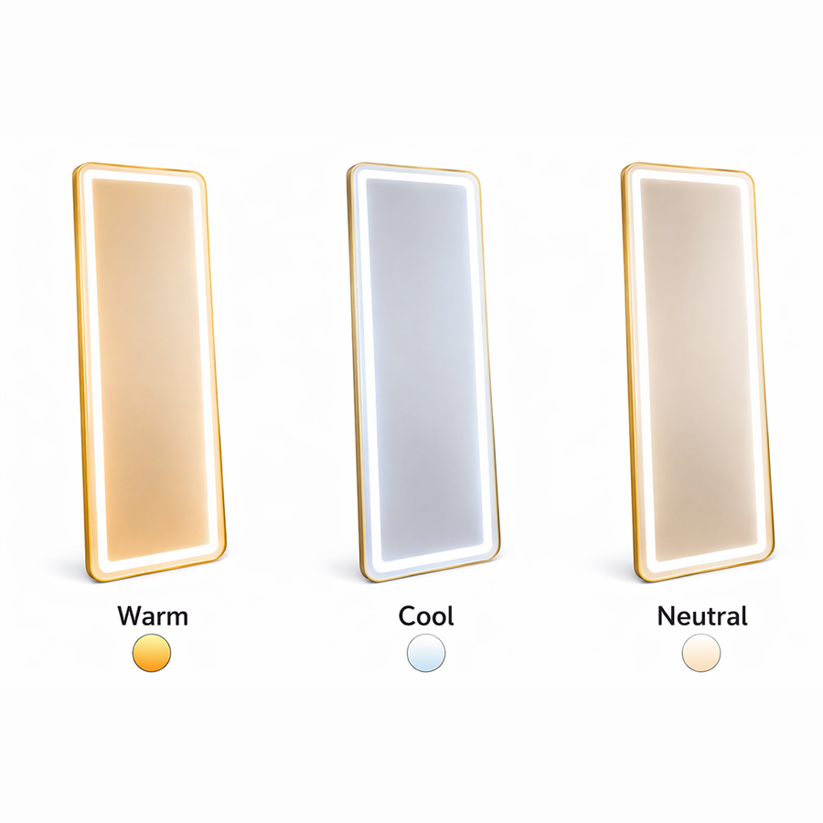 Obdélníkové LED zrcadlo, zlatý rám, 50x160 cm, stmívatelné, studené/teplé/neutrální světlo, župan