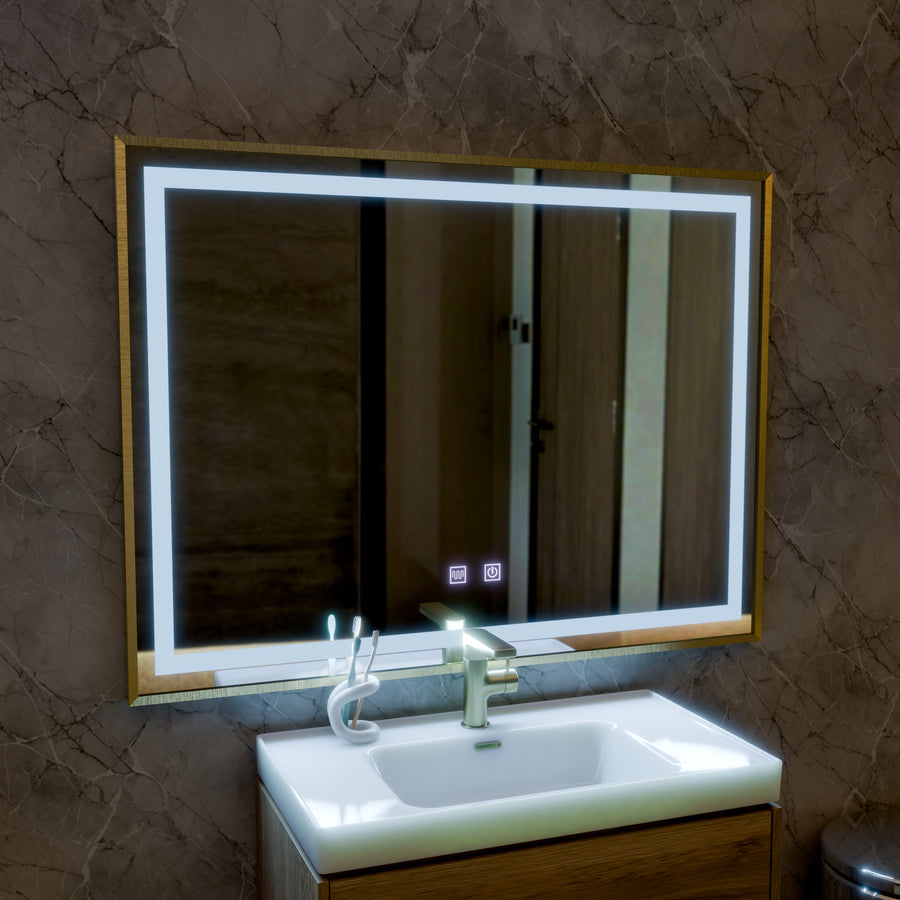 LED Touch Kariri Mirror, 80x60 cm, Funkce rozmrazování, zlaté růže kartáčované rám