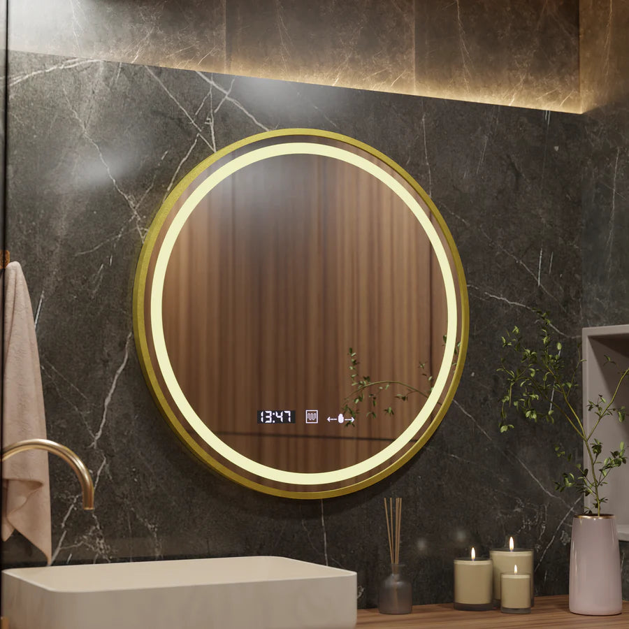 Mirror LED ROUND 60 cm Celesti Royale Gold Eleve Motionglow Marcello Dimable Clock Dezoring System