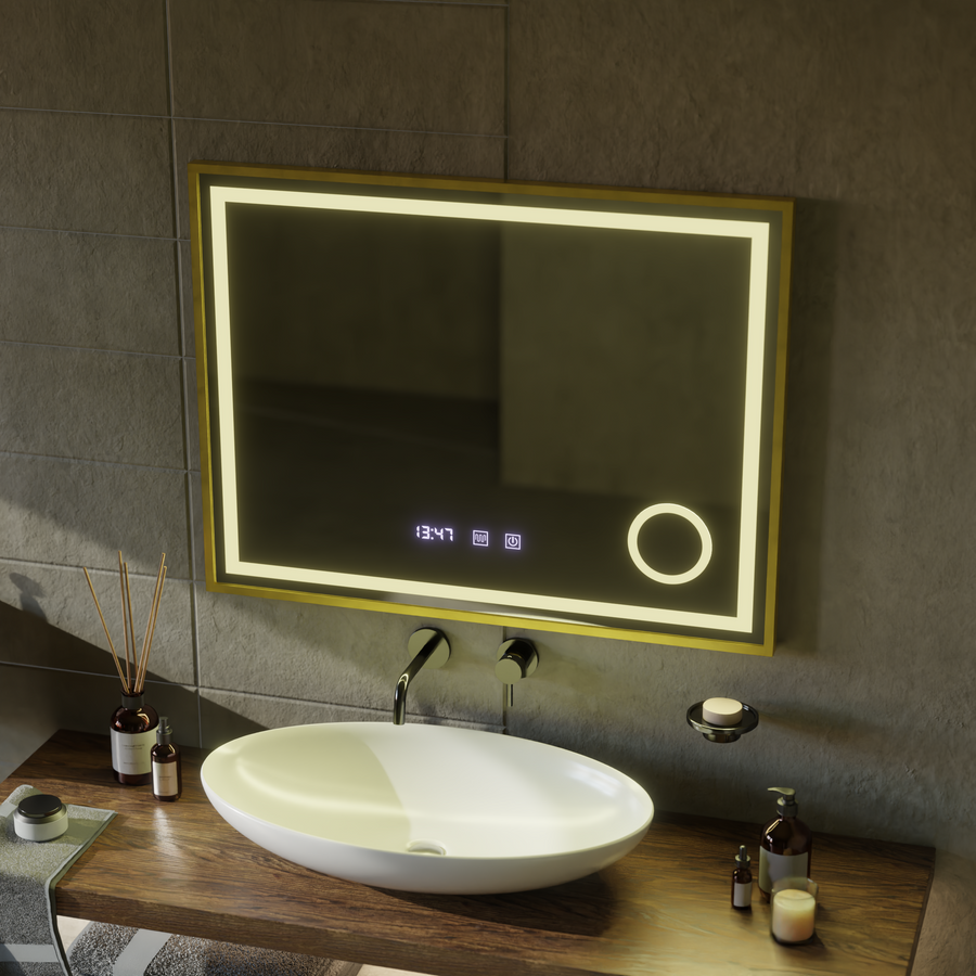 Mirror LED Touch Rolf Rolf Systems, hodiny a teplota 80x60 cm Golden Ramahed Cosmetics Lup