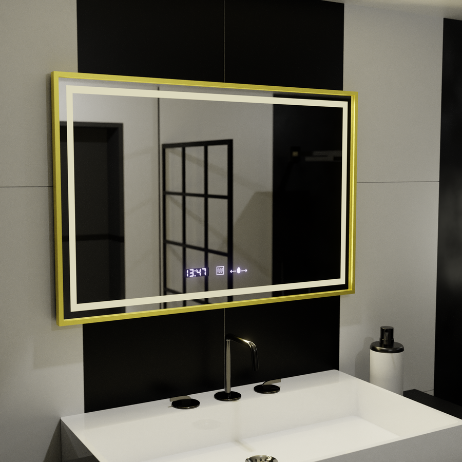 Zrcadlo LED obdélníkový 100x65cm Verite Royale Gold Motion Glow Marcello Clock Defrition System & Dimable teploměr