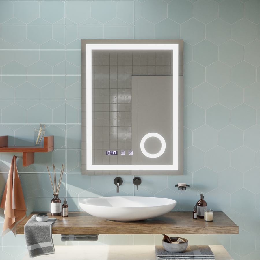 Zrcadlový LED dotykový systém defrice Manfred, hodiny a teplota 60x80 cm kosmetické zvětšení