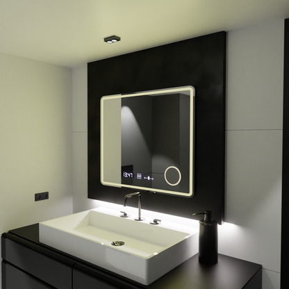 Zrcadlo LED obdélníkový 90x75cm Eco riflesso Puro Motionglow Marcello demontážní hodiny a vlčí teploměr