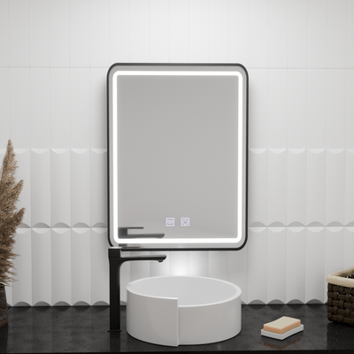 Zrcadlový LED obdélníkový 90x75cm Edge Edge Sluční dotykový defriční systém, černý rám
