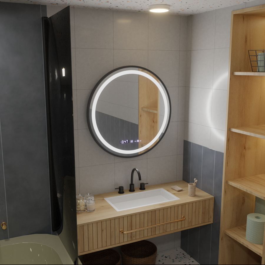 Mirror LED kolem 70 cm Celesti Majesti Noir Motionglow Marcello Clock Defrition System & Dimable teploměr