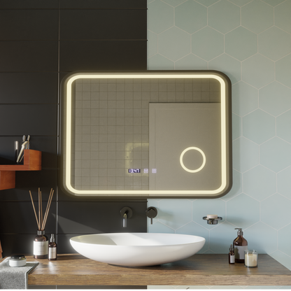 Mirror LED LED Touch Bernd Dezoringový systém, hodiny a teplota 80x60 cm fond Black Brush Cosmetica