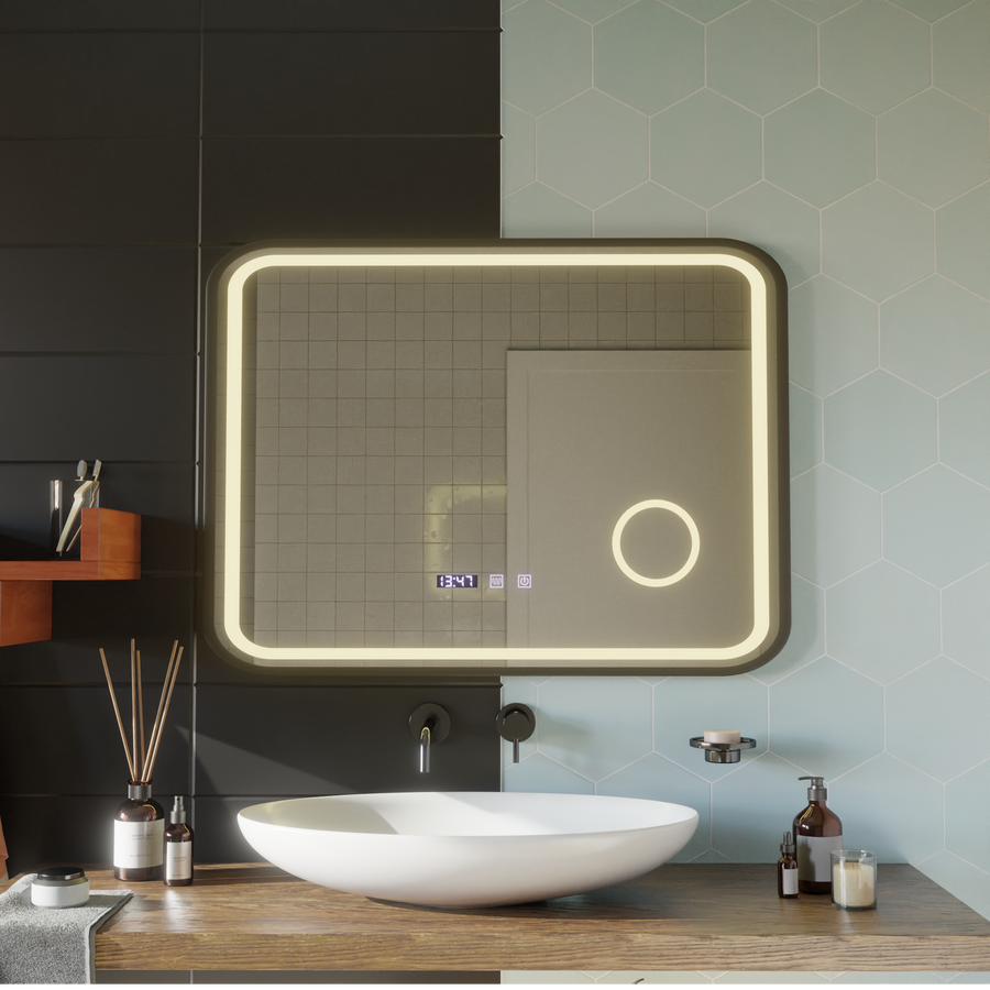 Mirror LED LED Touch Bernd Dezoringový systém, hodiny a teplota 80x60 cm fond Black Brush Cosmetica