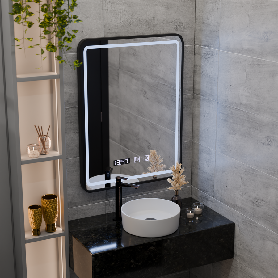 LED Touch Karl Mirror Defrition System, hodiny a teplota 50x70 cm Černý štětec