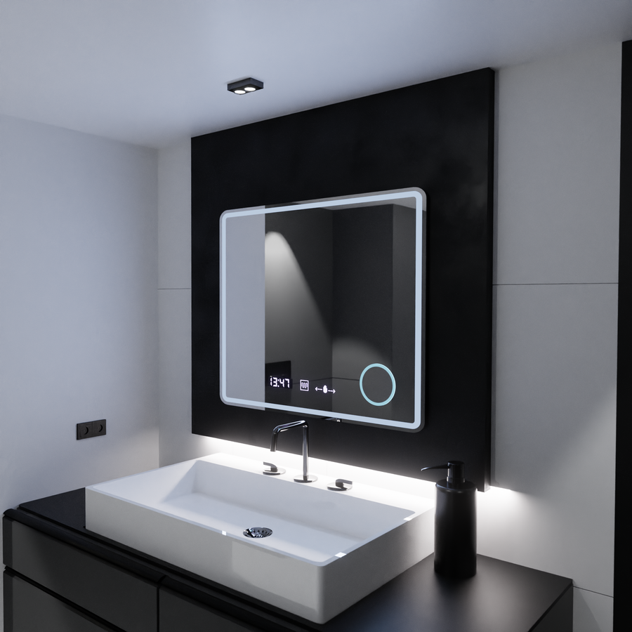Zrcadlo LED obdélníkový 90x75cm Eco riflesso Puro Motionglow Marcello demontážní hodiny a vlčí teploměr