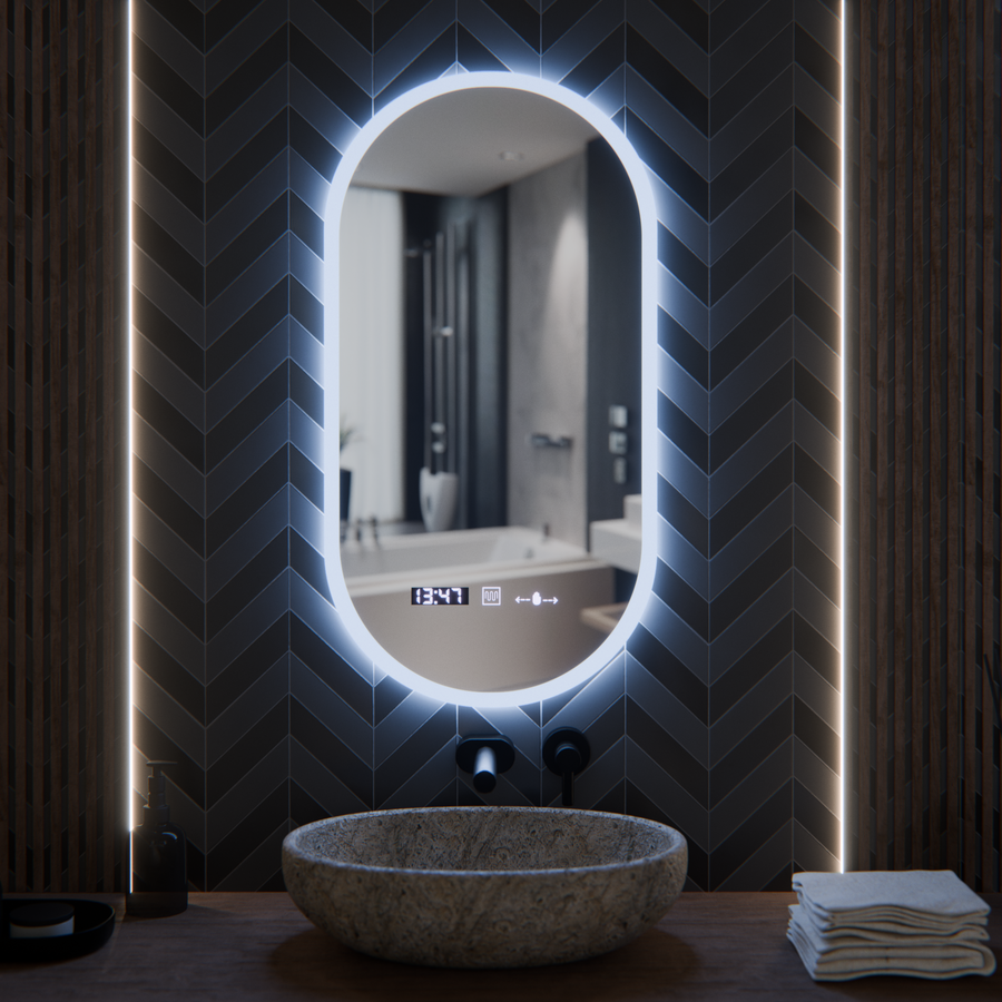 Oválné LED zrcadlo, 50x100cm, Lucia Sensor Marcello, Demister System, Hodiny & Teploměr, Stmívatelné