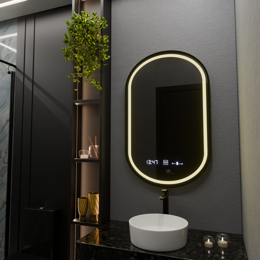 Oválné LED zrcadlo, 50x90cm, Alessia MotionGlow Marcello, Demister System, Hodiny & Teploměr, Stmívatelné