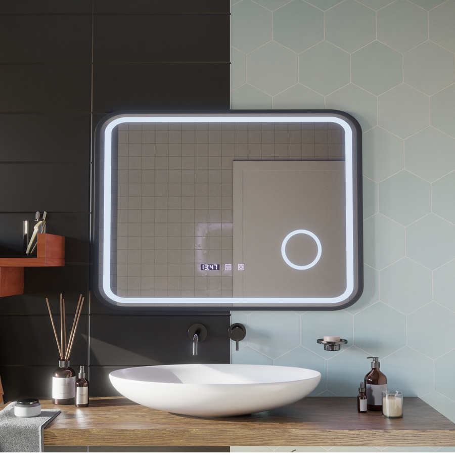 Mirror LED LED Touch Bernd Dezoringový systém, hodiny a teplota 80x60 cm fond Black Brush Cosmetica