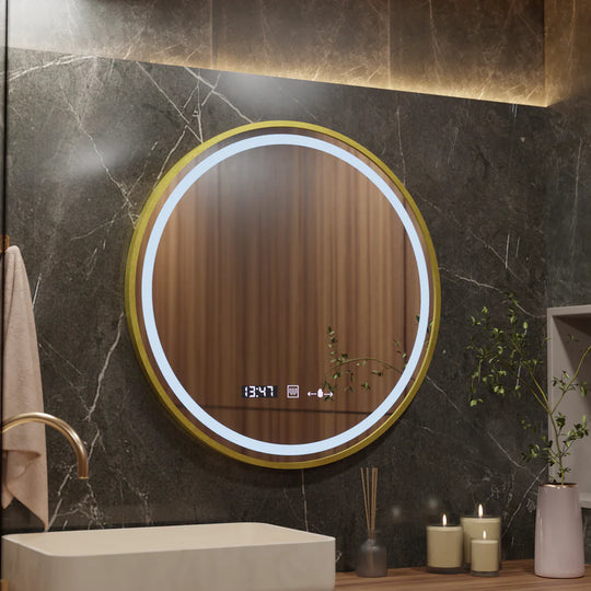 Kulaté zrcadlo LED, 60 cm, Celeste Royale Gold Eleve MotionGlow Marcello, systém odmlžování, hodiny a teploměr, stmívatelné, odnímatelný popruh, Marcello Zrcadla Výchozí název Alessandro Design