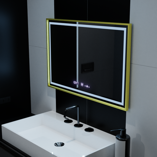 Zrcadlo LED obdélníkový 100x65cm Verite Royale Gold Motion Glow Marcello Clock Defrition System & Dimable teploměr