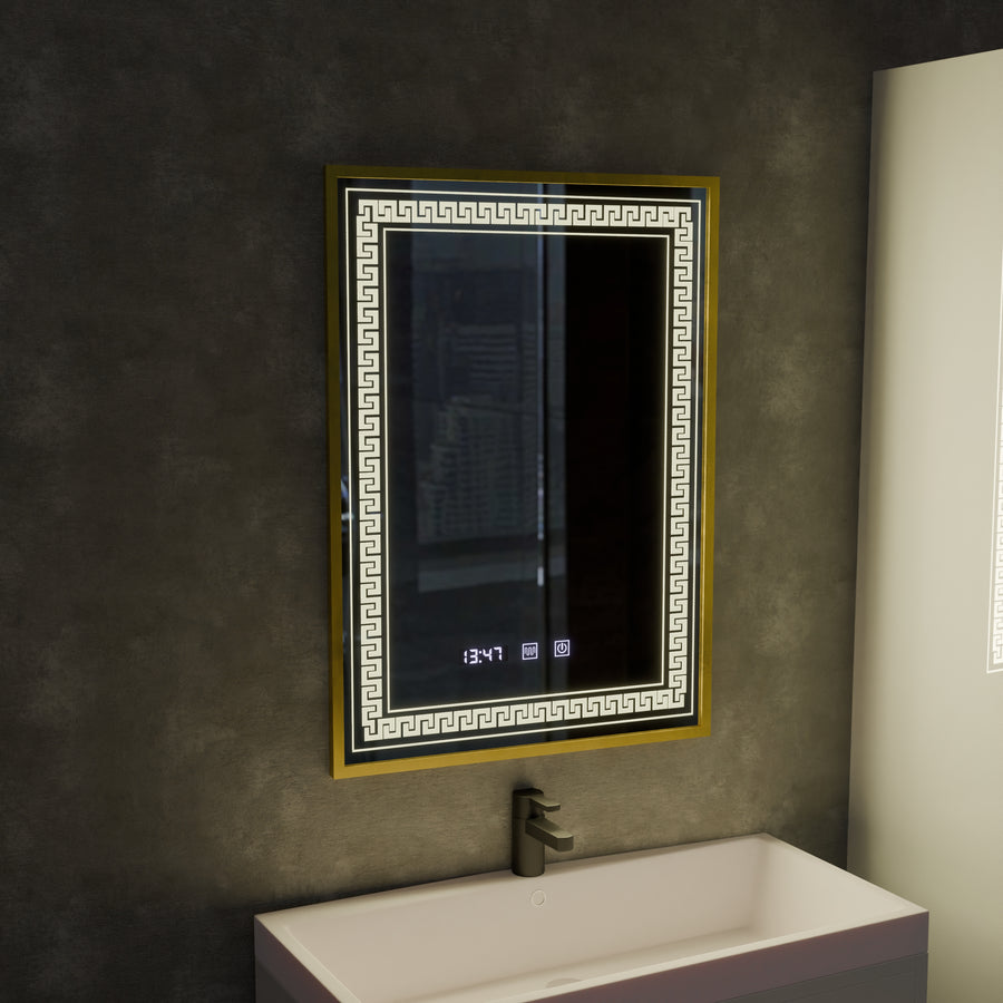 Mirror LED Touch Bruno zástupce oddělení, hodiny a teplota 60x80 cm stříbrný kartáčovaný rám
