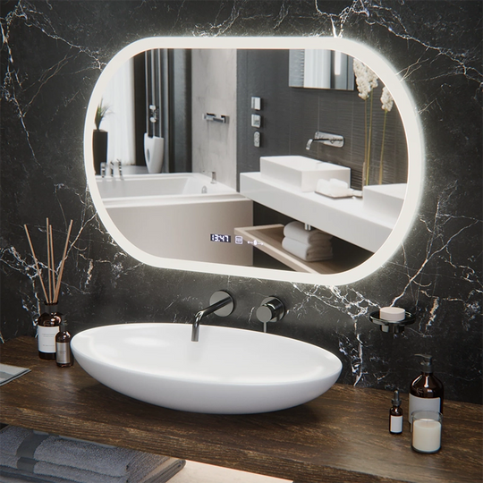 Oválné LED zrcadlo, 80x50cm, Altera Marcello MotionGlow Sensor, Demister System, Hodiny & Teploměr, Stmívatelné
