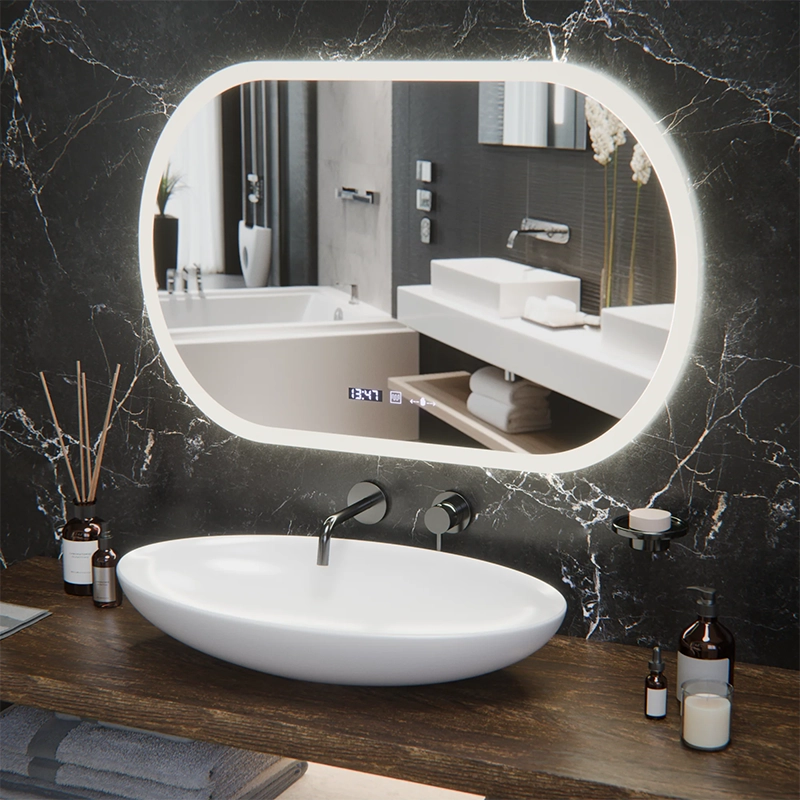 Oválné LED zrcadlo, 80x50cm, Altera Marcello MotionGlow Sensor, Demister System, Hodiny & Teploměr, Stmívatelné