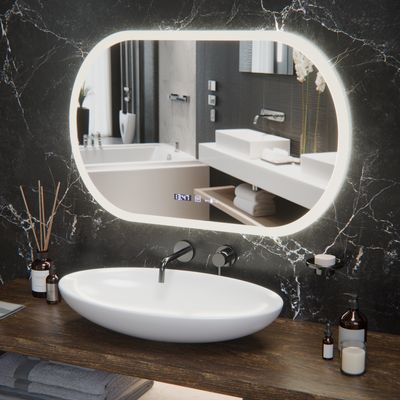 Oválné LED zrcadlo, 80x50cm, Altera Marcello MotionGlow Sensor, Demister System, Hodiny & Teploměr, Stmívatelné