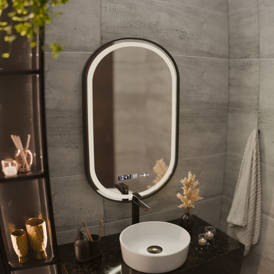 Zrcadlový LED Touch Helmut Defrition System, hodiny a teplota 50x80 cm Černý štětec
