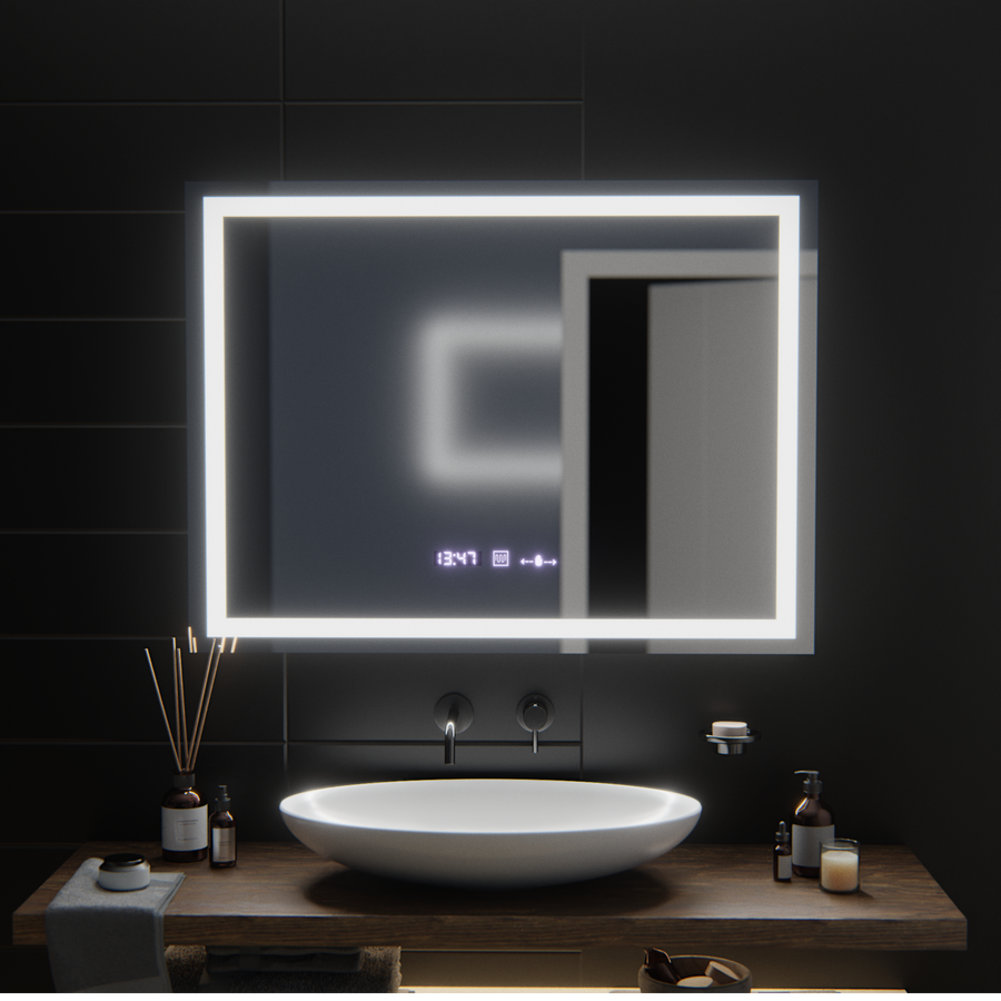 Obdélníkové LED zrcadlo, 100x75cm, Verite MotionGlow Marcello, Demister System, Hodiny & Teploměr, Stmívatelné