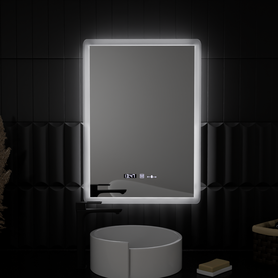 Obdélníkové LED zrcadlo, 50x70 cm, senzor Zampa MotionGlow Marcello, systém odmlžování, hodiny a teploměr, stmívatelné
