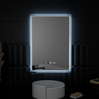 Obdélníkové LED zrcadlo, 50x70 cm, senzor Zampa MotionGlow Marcello, systém odmlžování, hodiny a teploměr, stmívatelné