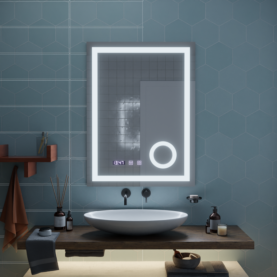 Zrcadlový LED dotykový systém defrice Manfred, hodiny a teplota 60x80 cm kosmetické zvětšení