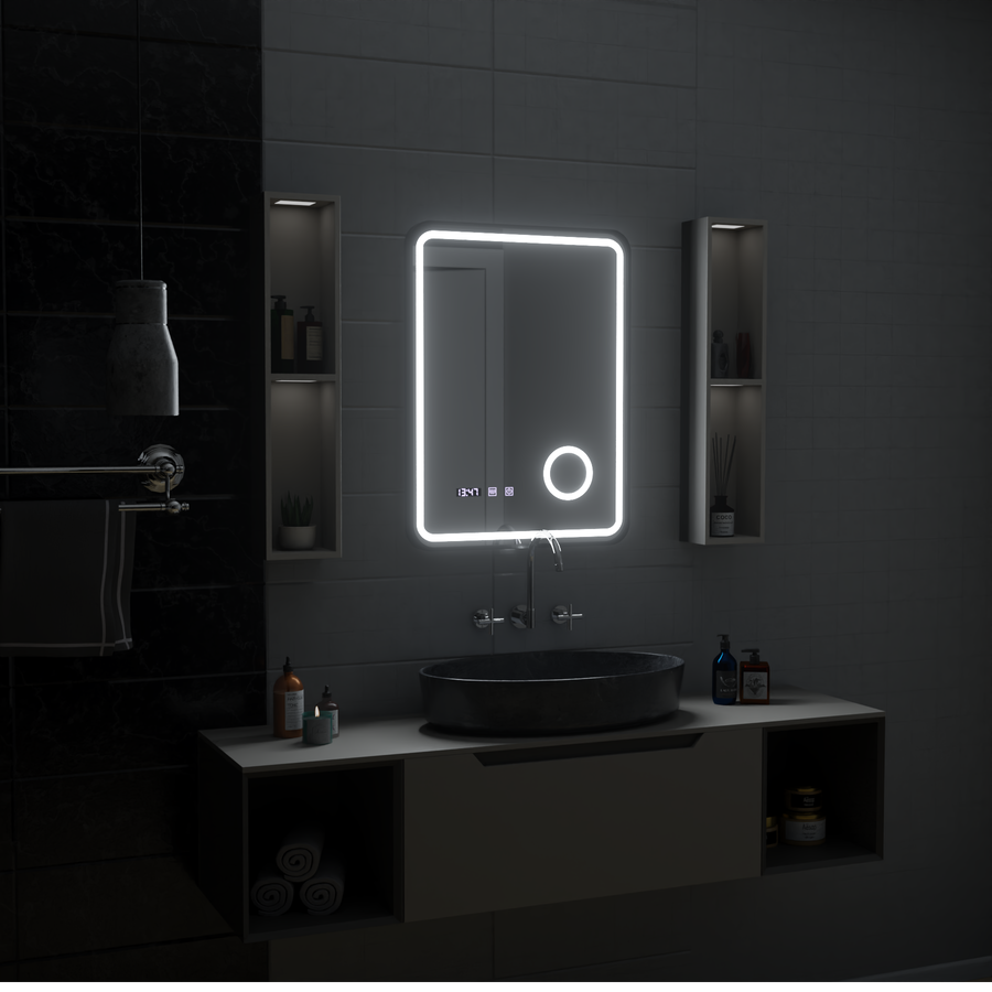 Mirror LED Touch Ulrich DeBrulation System, hodiny a teplota 60x80 cm Černá ramahed Cosmetics Lup