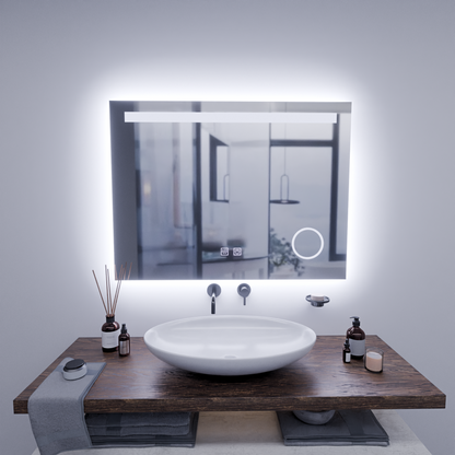 Obdélníkové LED zrcadlo, 80x60cm, Piano Touch, Demist System, Stmívatelné, Studené světlo 6000K