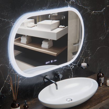 Oválné LED zrcadlo, 80x50cm, Altera Marcello MotionGlow Sensor, Demister System, Hodiny & Teploměr, Stmívatelné