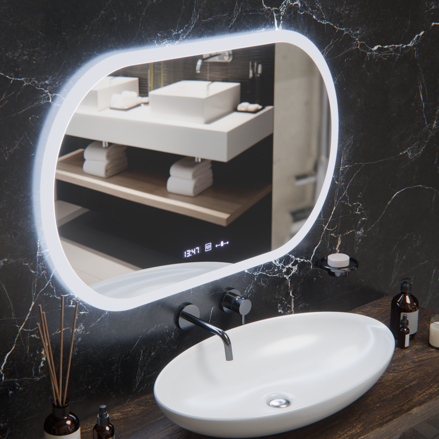 Oválné LED zrcadlo, 80x50cm, Altera Marcello MotionGlow Sensor, Demister System, Hodiny & Teploměr, Stmívatelné
