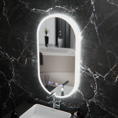 Oválné LED zrcadlo, 50x100cm, Lucia Sensor Marcello, Demister System, Hodiny & Teploměr, Stmívatelné