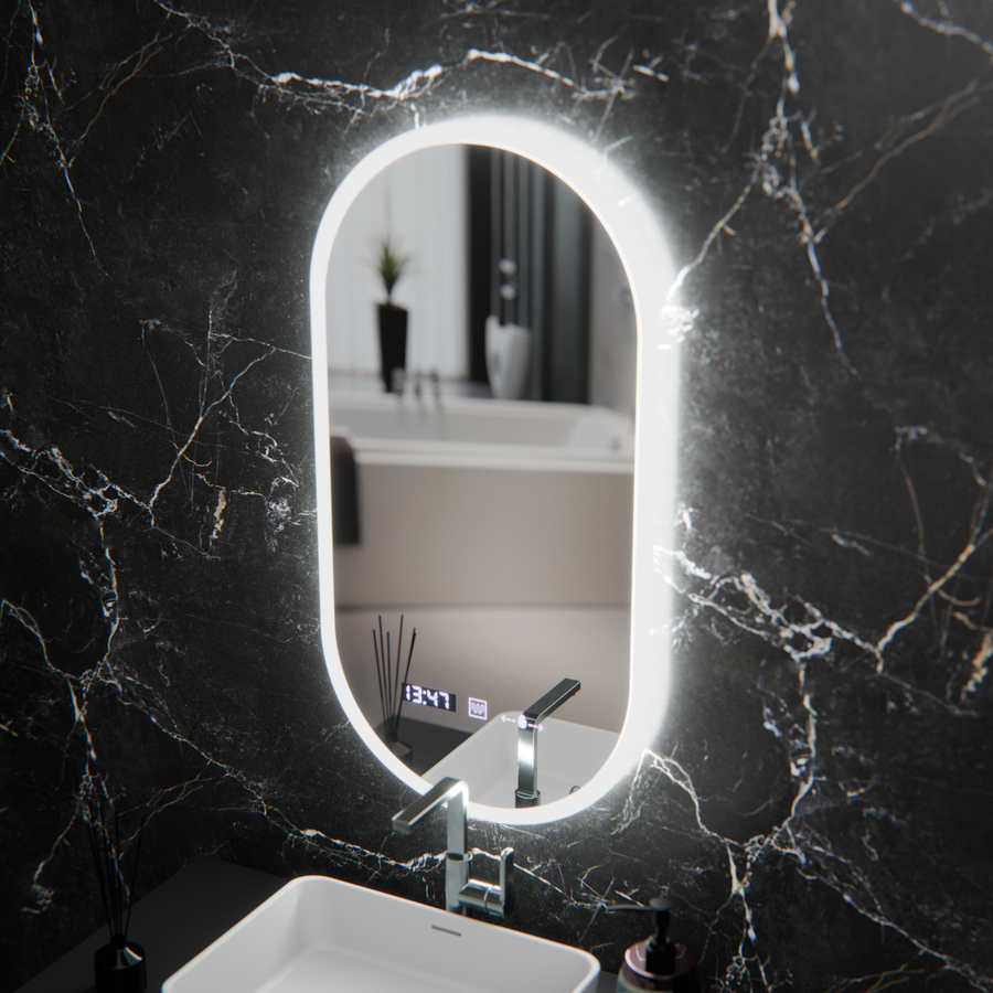 Oválné LED zrcadlo, 50x100cm, Lucia Sensor Marcello, Demister System, Hodiny & Teploměr, Stmívatelné