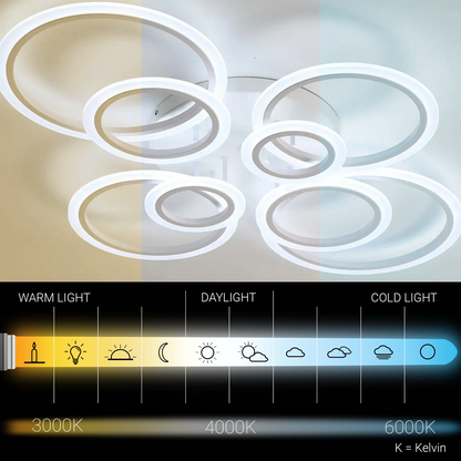 LED lustr s dálkovým ovládáním BETTY 130W, 8 kruhů, Studené/Teplé/Neutrální světlo, Stmívatelné, Bílá