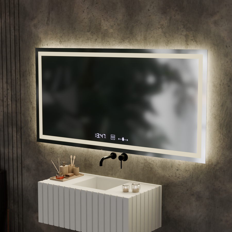 Obdélníkový LED zrcadlo 120x60cm Veriit Motionglow Marcellow Dimable Clock Defrosting System