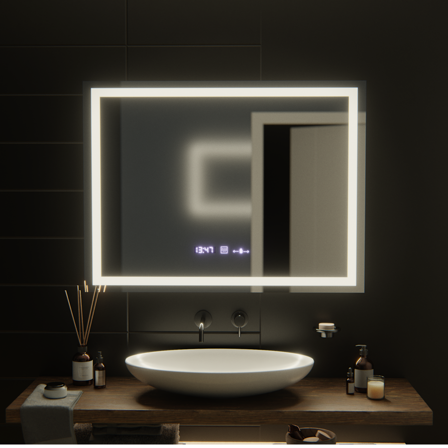 Obdélníkové LED zrcadlo, 100x75cm, Verite MotionGlow Marcello, Demister System, Hodiny & Teploměr, Stmívatelné