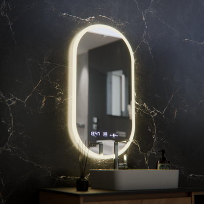 Oválné LED zrcadlo, 50x100cm, Lucia Sensor Marcello, Demister System, Hodiny & Teploměr, Stmívatelné