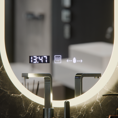 Oválné LED zrcadlo, 50x100cm, Lucia Sensor Marcello, Demister System, Hodiny & Teploměr, Stmívatelné